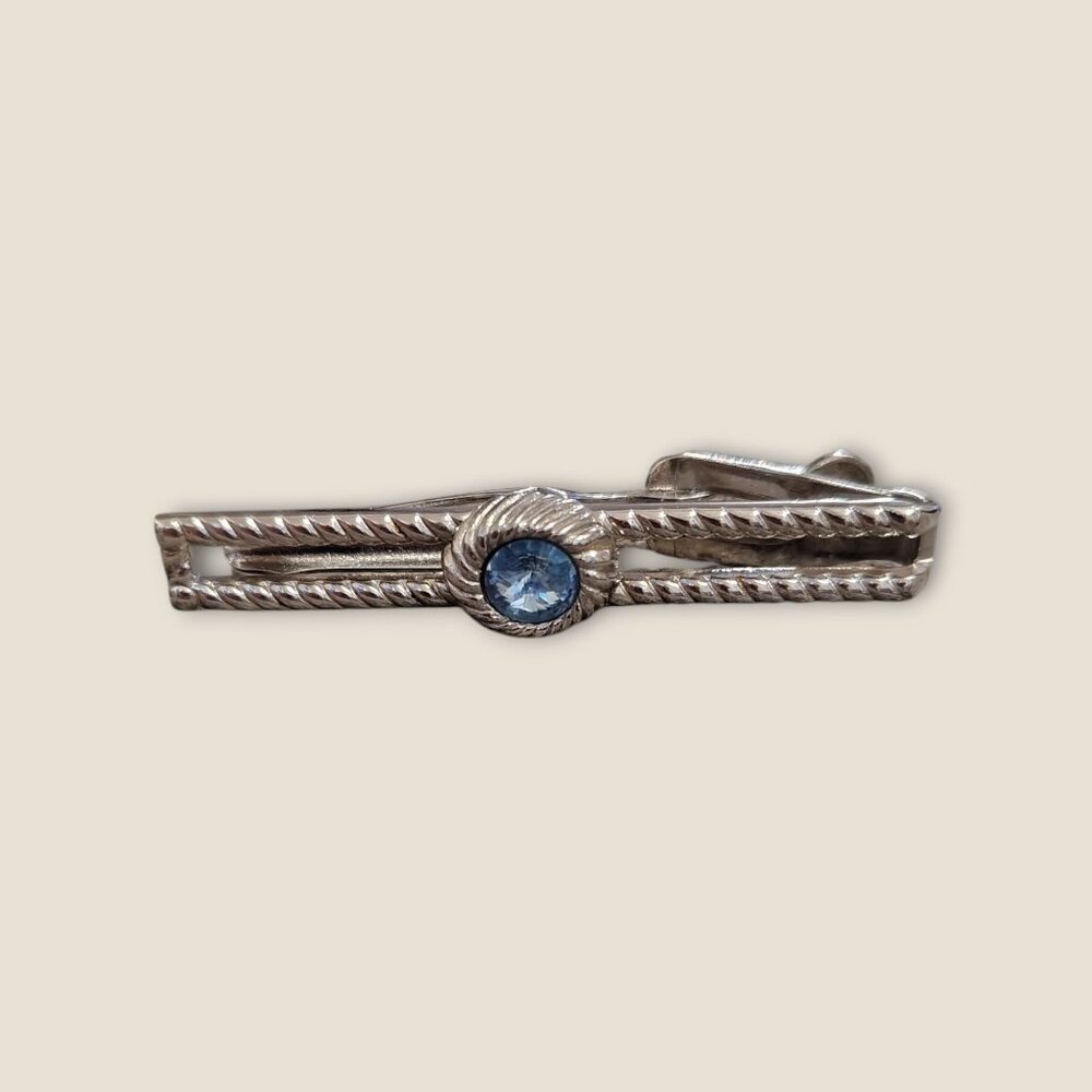 Vintage Estate Swank Silver Tone Tie Clip With Blue Rhinestone Accent